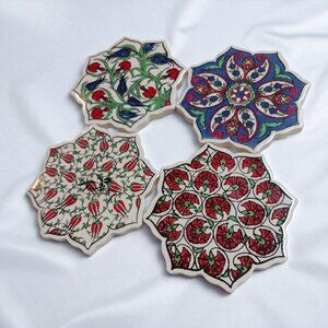 Turkish Hand Painted Ceramic Tile Coasters Set of 4 - Ottoman Iznik Style